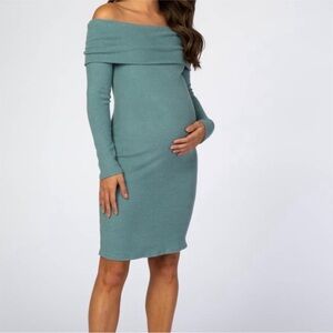 Maternity Dress Ribbed Off Shoulder Teal Long Sleeve Bodycon Medium